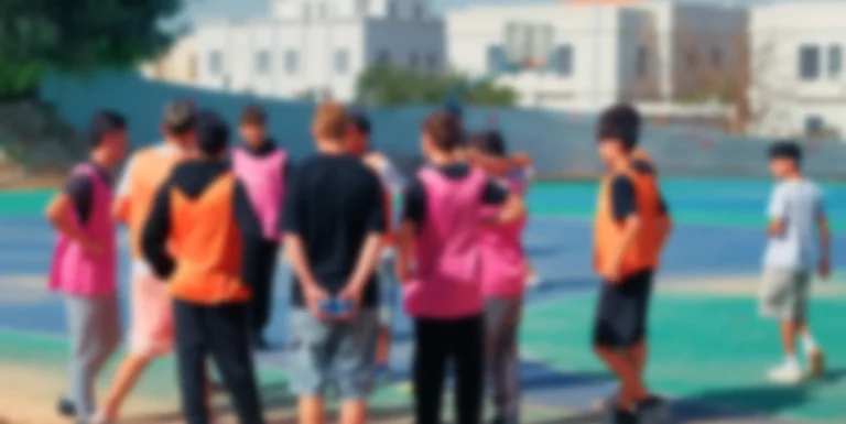 חבורת ילדים באפודים זוהרים על מגרש קטרגל